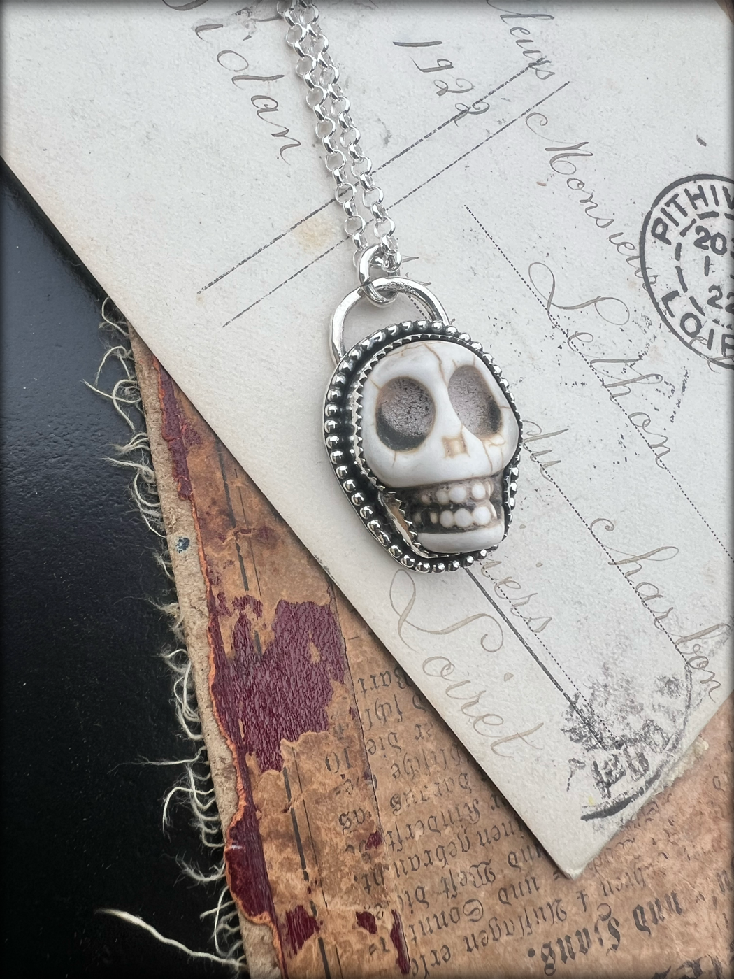 Bone Daddy~ handcrafted sterling silver howlite carved skull layering necklace ~