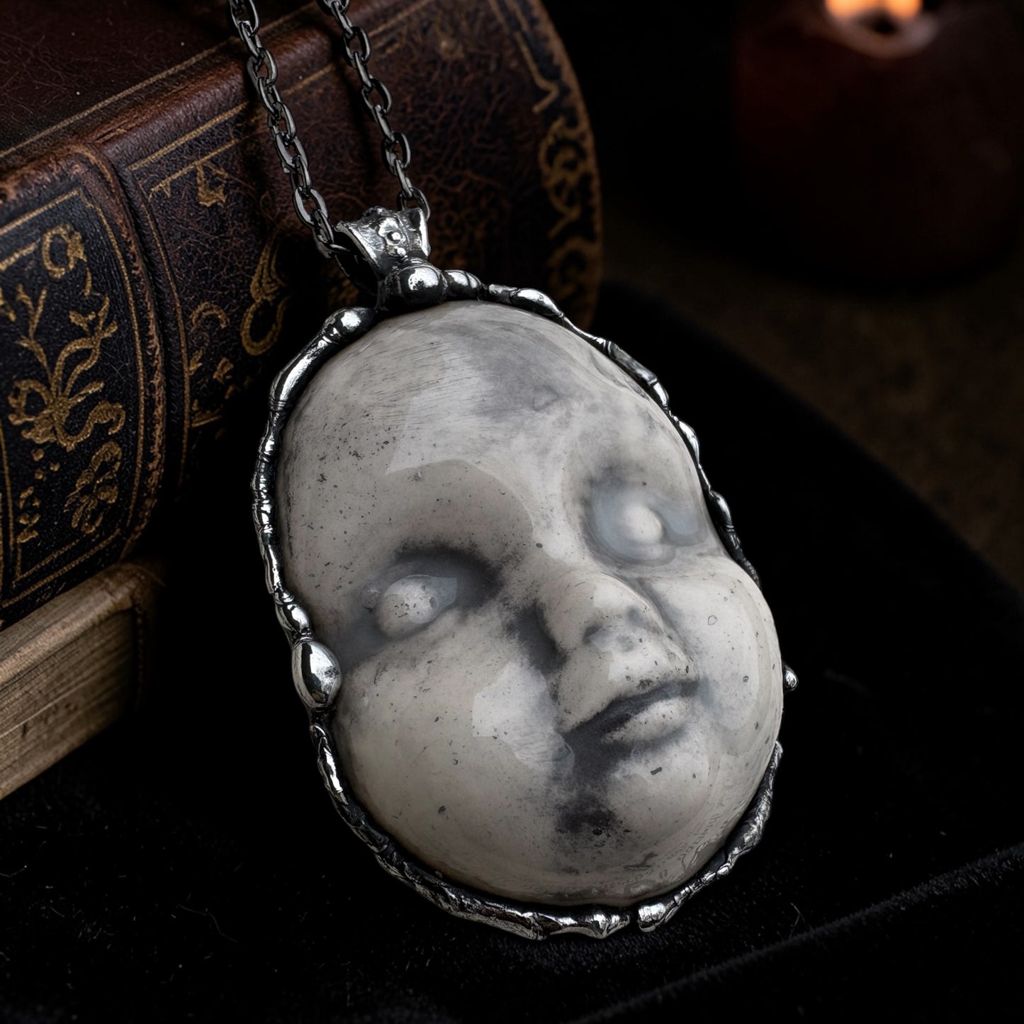 Baby creep~porcelain creepy baby doll face Tiffany technique necklace~