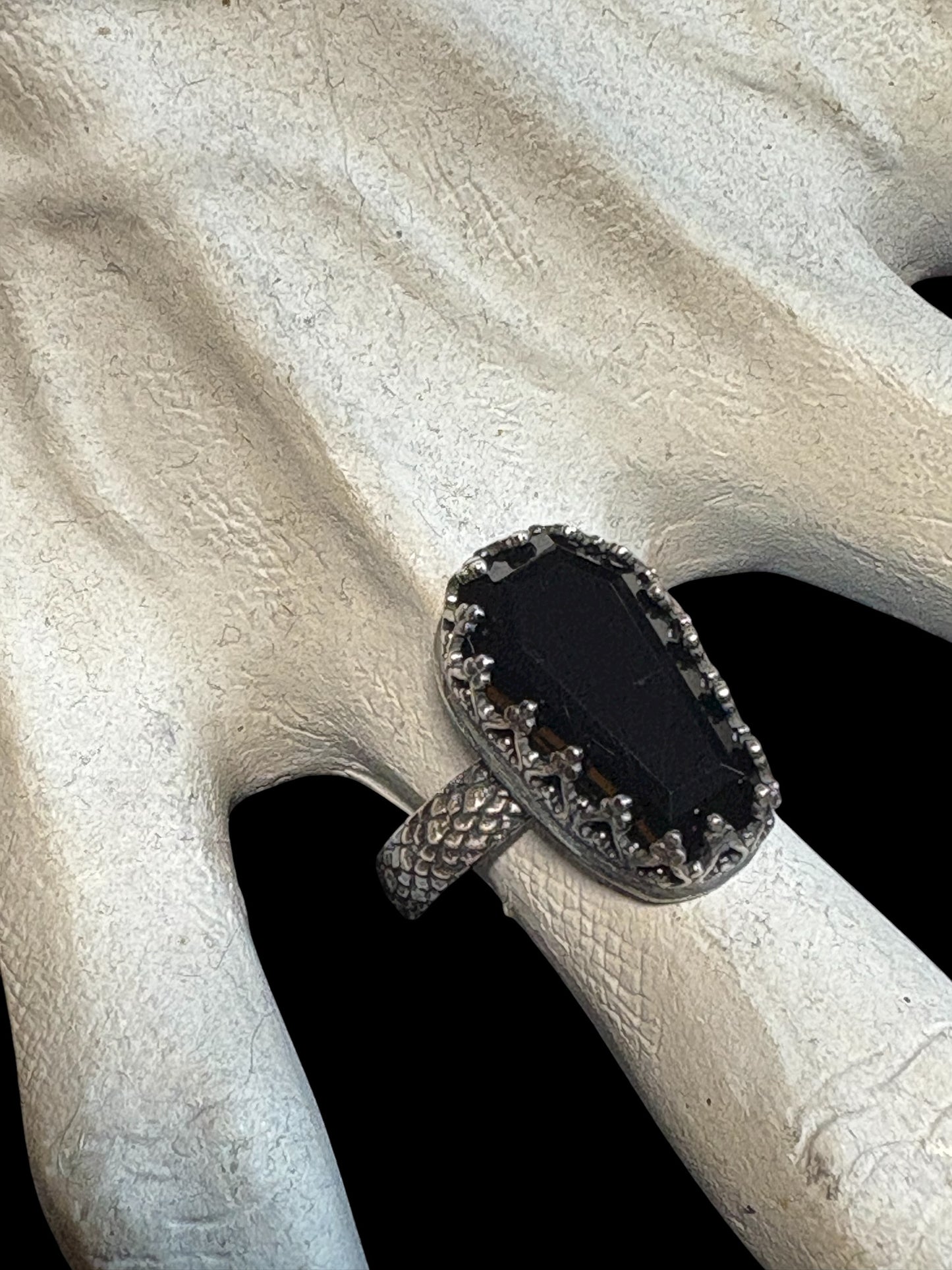 Haunted~Sterling and fine Silver coffin cut Obsidian ring size 9~