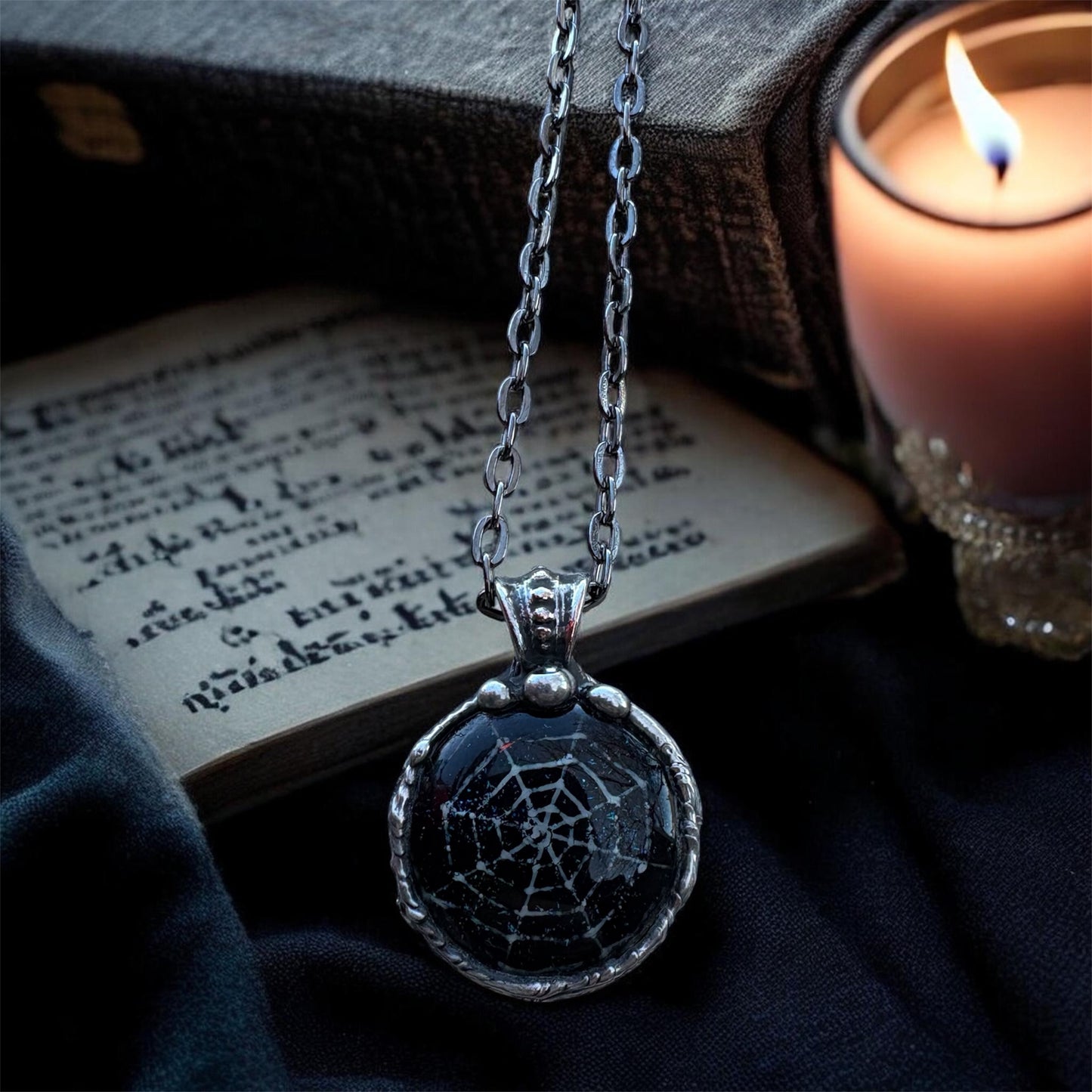 Handcrafted Tiffany technique Dichroic glass fused spiderweb necklace~