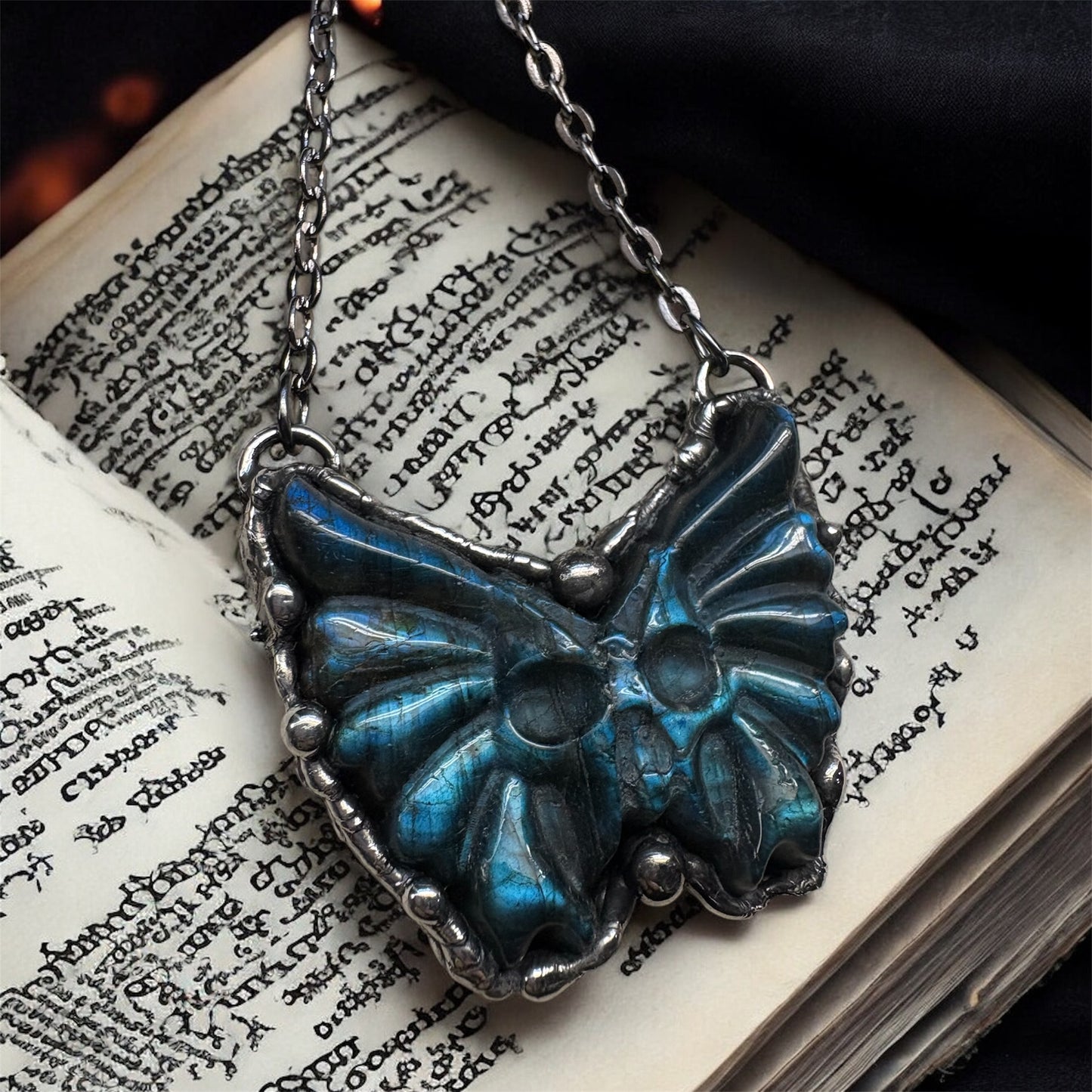 Necromancer ~winged skull carved Labradorite made to order Tiffany technique necklace MTO~