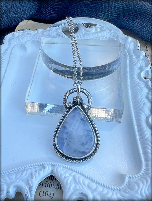 Moonstruck~Handcrafted sterling and fine silver rainbow moonstone pendant necklace ~