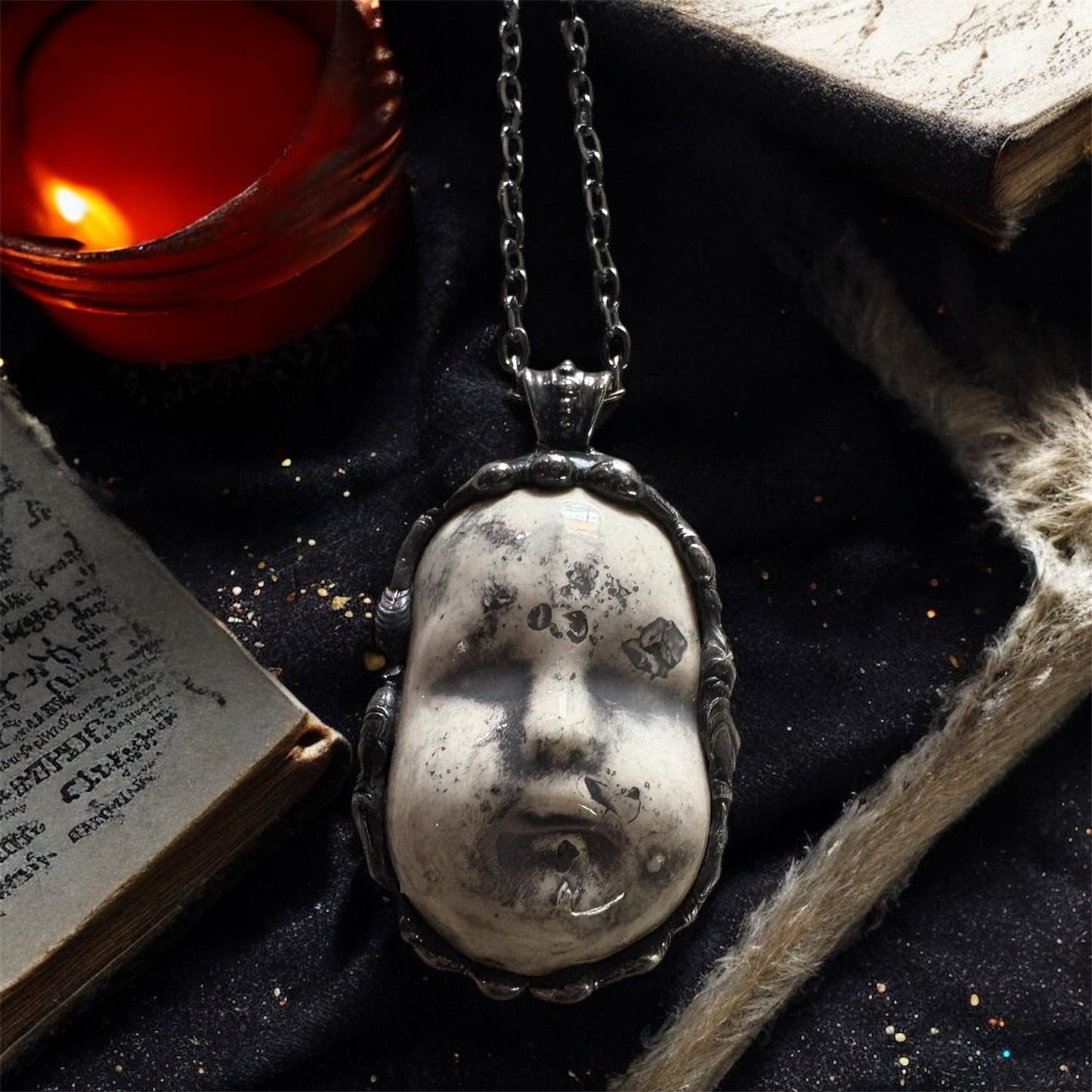 Baby creep~porcelain creepy baby doll face Tiffany technique necklace~