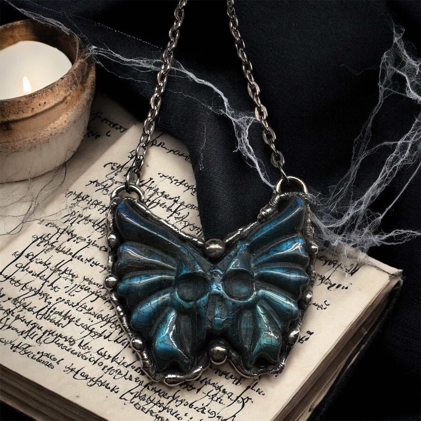 Necromancer ~winged skull carved Labradorite made to order Tiffany technique necklace MTO~