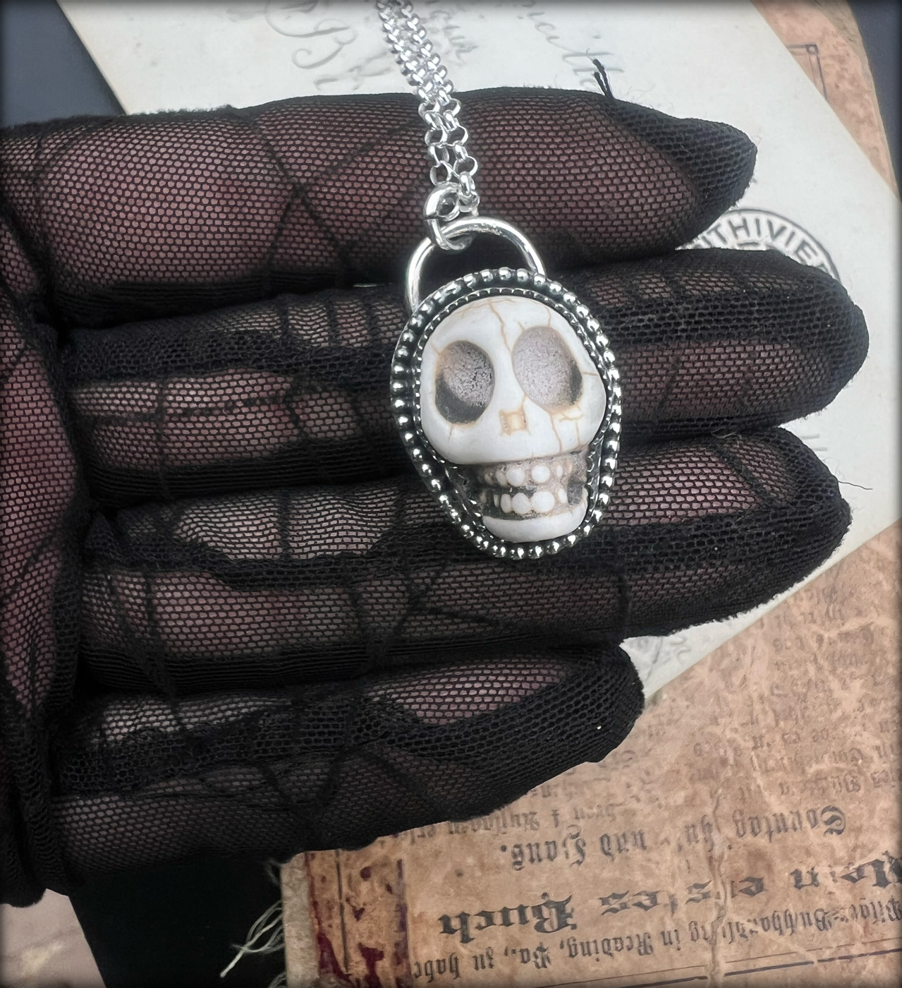 Bone Daddy~ handcrafted sterling silver howlite carved skull layering necklace ~