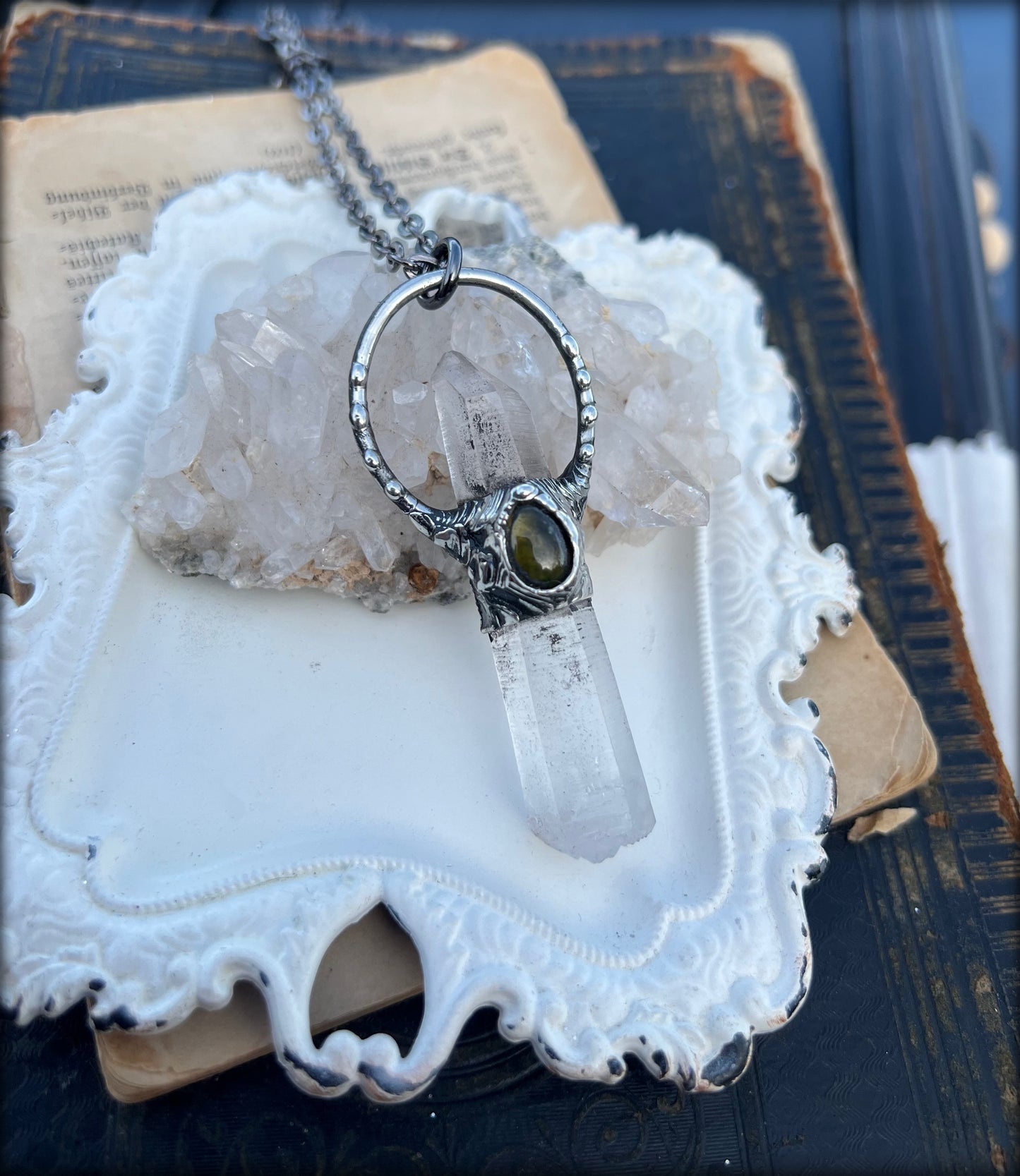 Anahata~Hand crafted Arkansas clear quartz and Olive vesuvianites Tiffany technique crystal Talisman necklace~