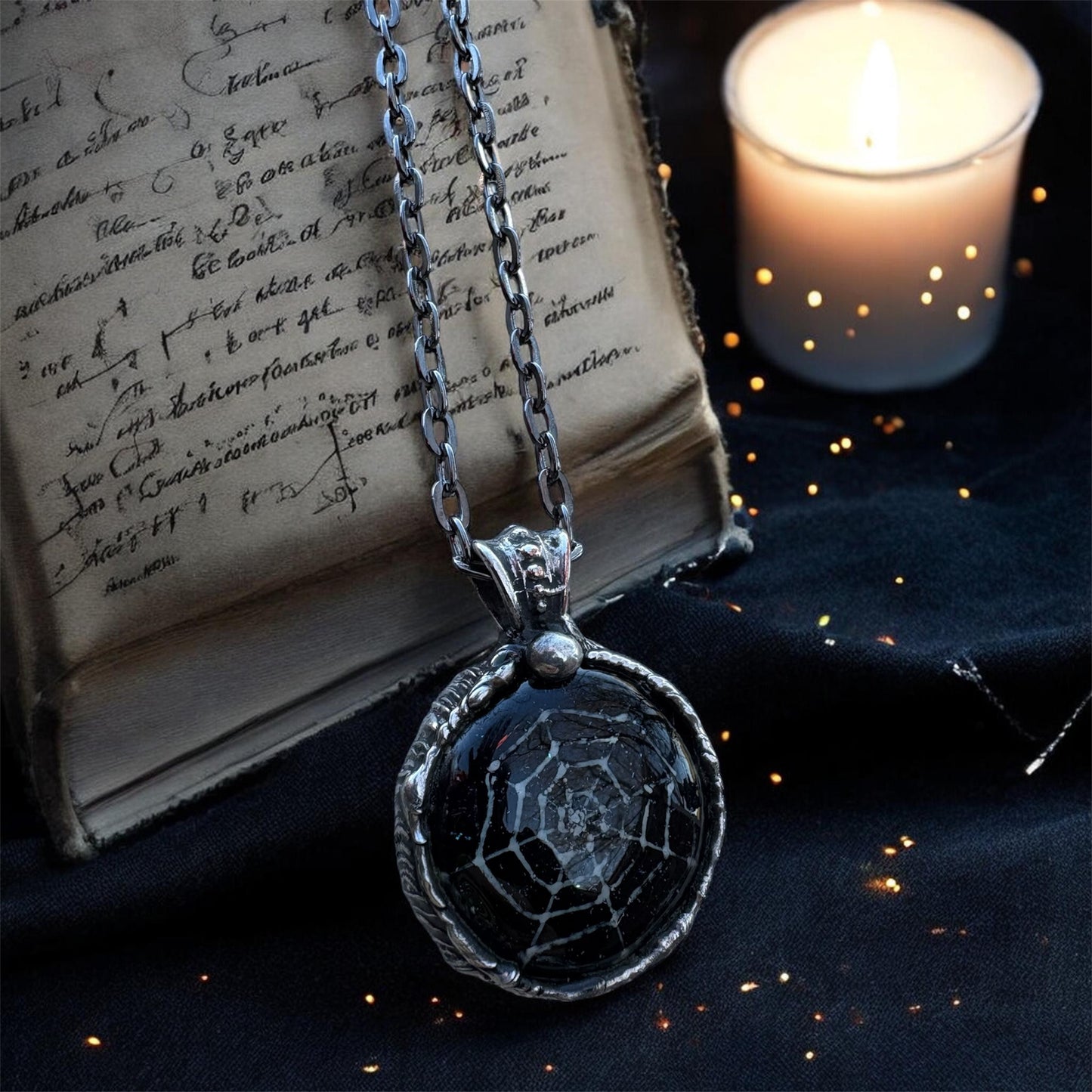 Handcrafted Tiffany technique Dichroic glass fused spiderweb necklace~