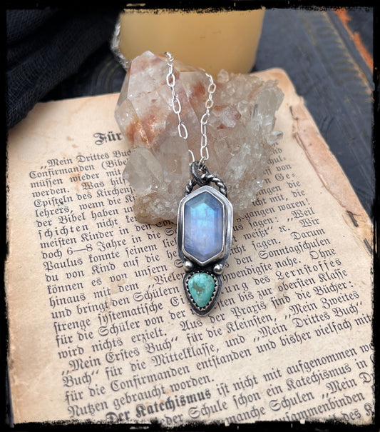 Bohemia~Hand crafted Sterling Silver rainbow moonstone & Turquoise  layering pendant necklace~