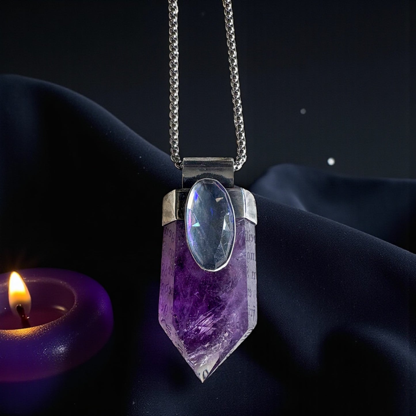 Arcana~Hand crafted sterling & fine silver amethyst faceted rainbow quartz crystal necklace~
