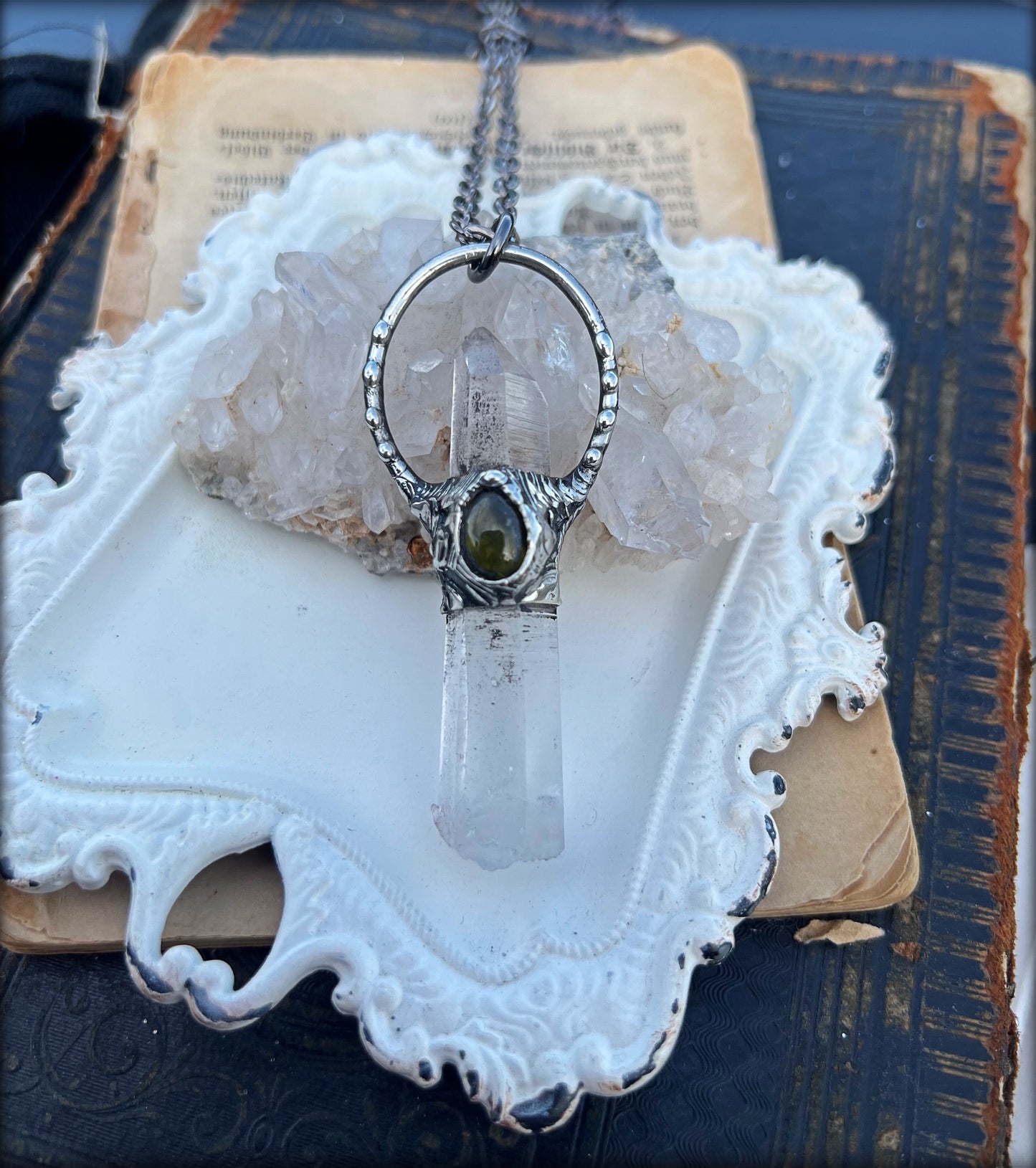 Anahata~Hand crafted Arkansas clear quartz and Olive vesuvianites Tiffany technique crystal Talisman necklace~