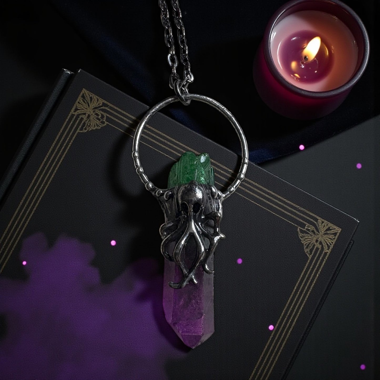 Lovecraft-ombré fushia and green sea creature Tiffany technique Crystal talisman necklace-