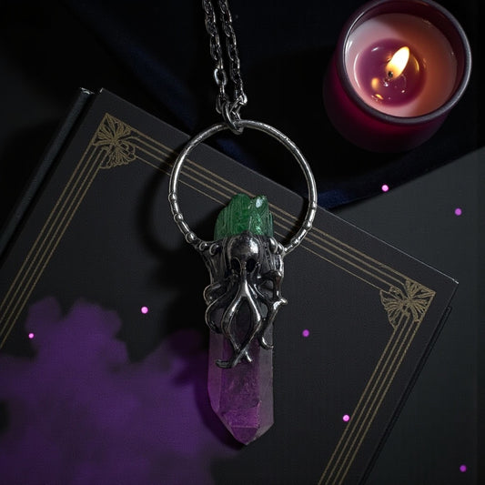 Lovecraft-ombré fushia and green sea creature Tiffany technique Crystal talisman necklace-