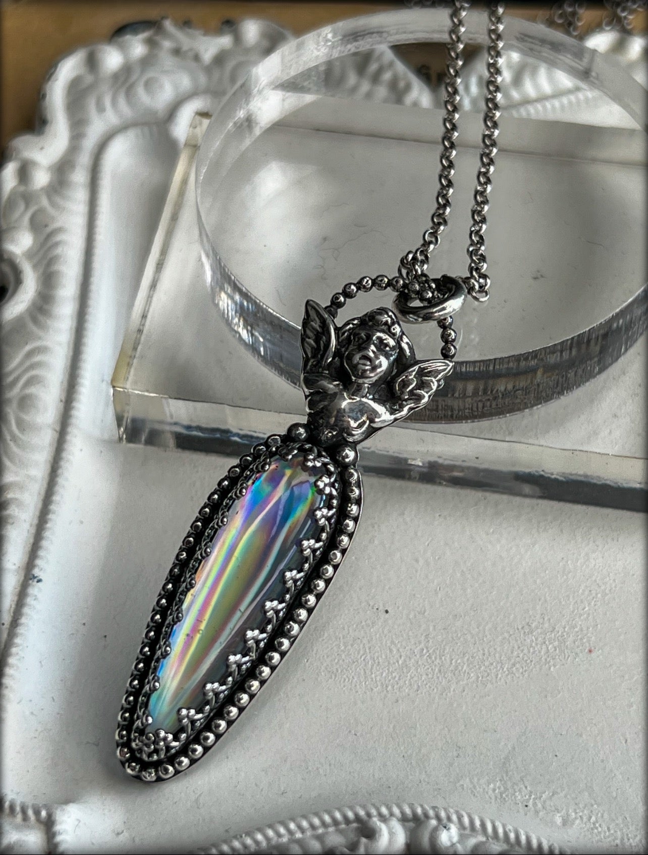 ￼ seraphim ~Hand crafted Sterling silver rainbow quartz cherub layering necklace~