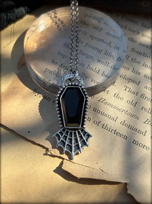 Sterling and fine silver coffin, cut obsidian spiderweb Gothic necklace~