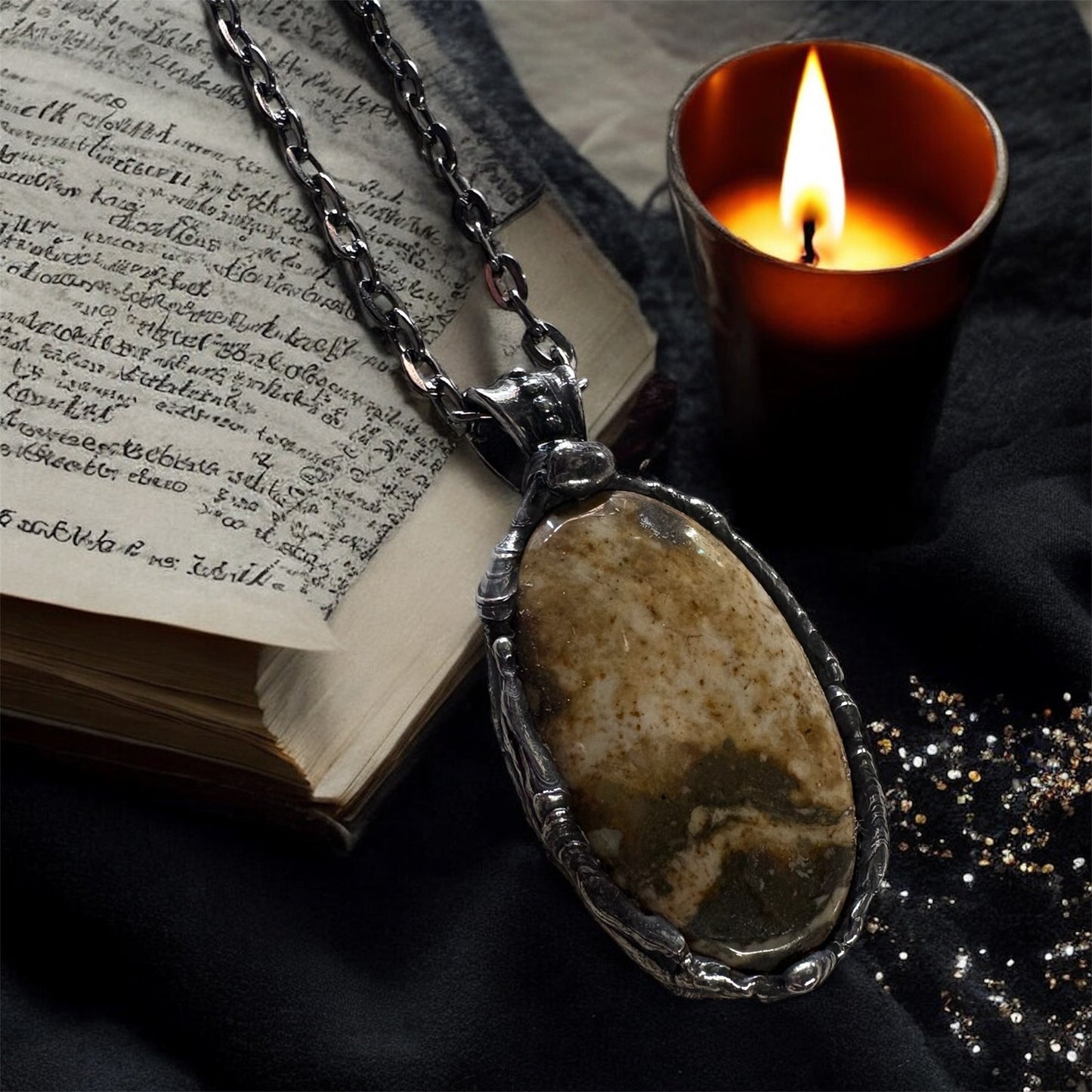 Hand crafted Tiffany technique Jasper amulet necklace~