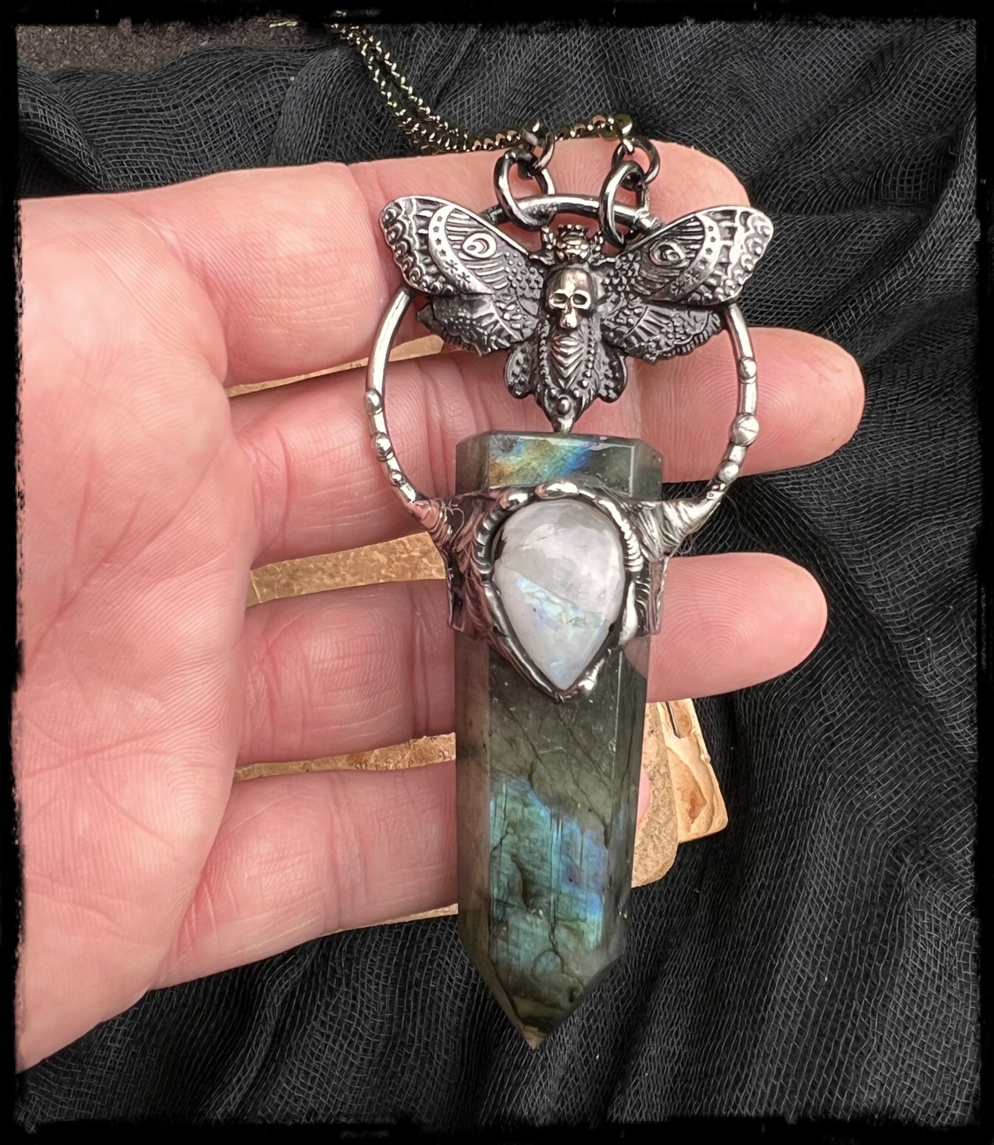 Acherontia~ Labradorite & rainbow moonstone death moth crystal necklace~