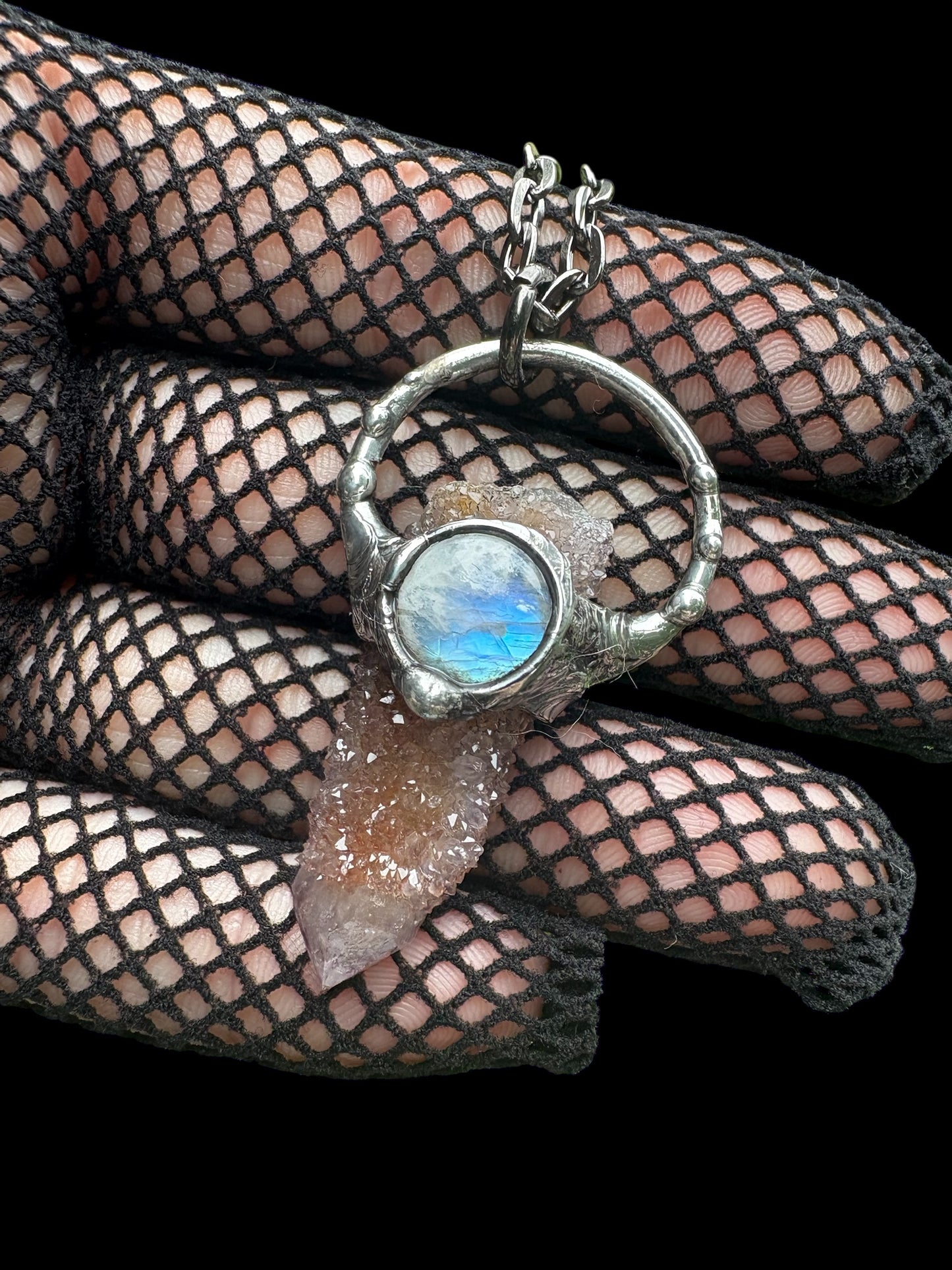 The Veilkeeper~spirit quartz and rainbow moonstone crystal talisman necklace ~