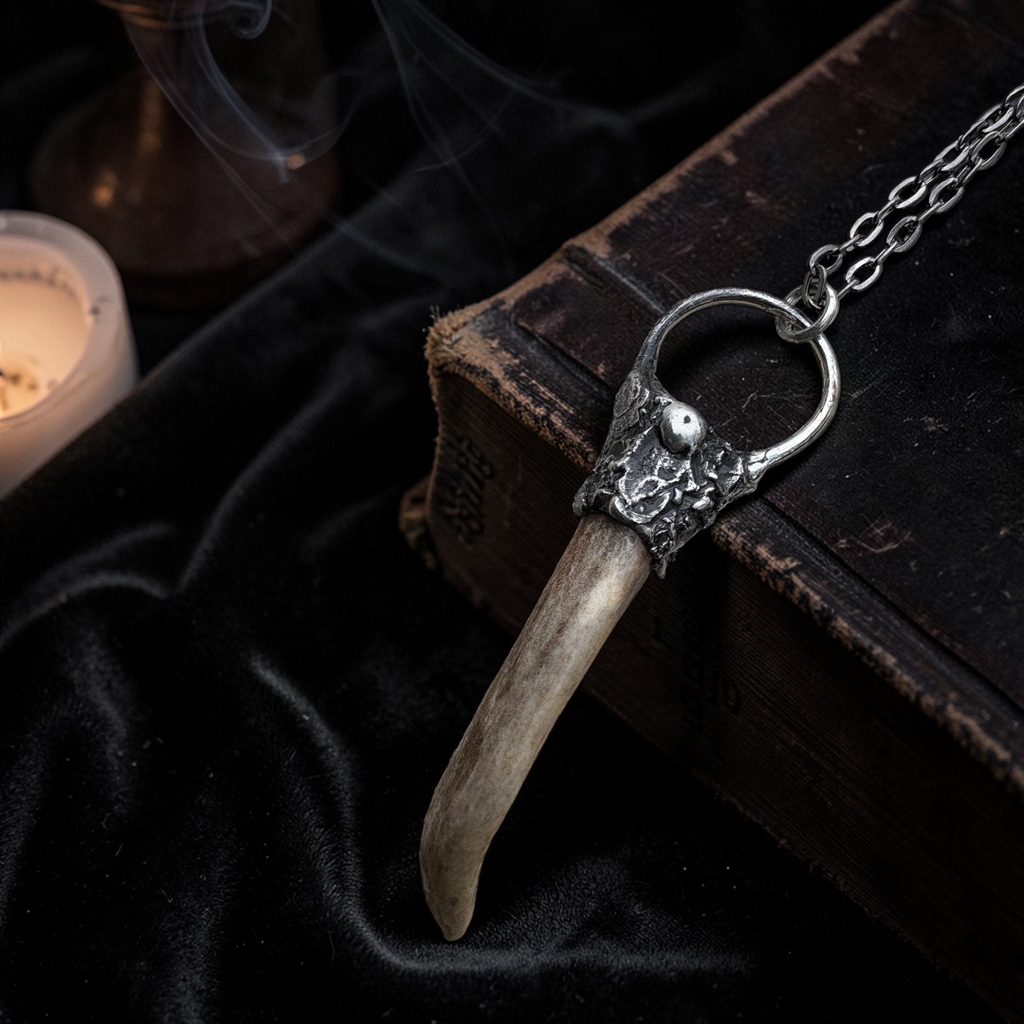 Brutalist style ~Hand crafted Tiffany technique naturally shed deer antler Talisman necklace~