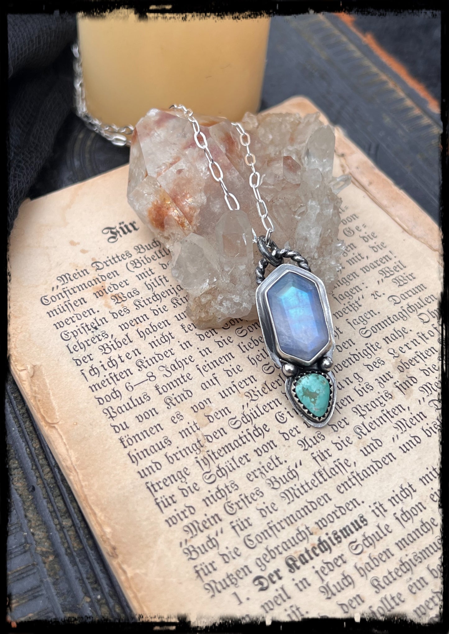 Bohemia~Hand crafted Sterling Silver rainbow moonstone & Turquoise  layering pendant necklace~