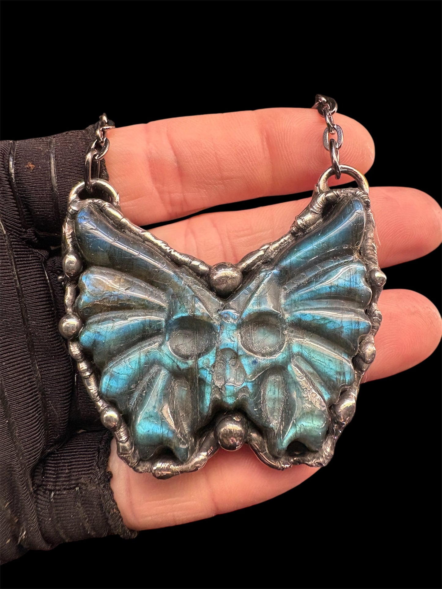 Necromancer ~winged skull carved Labradorite made to order Tiffany technique necklace MTO~