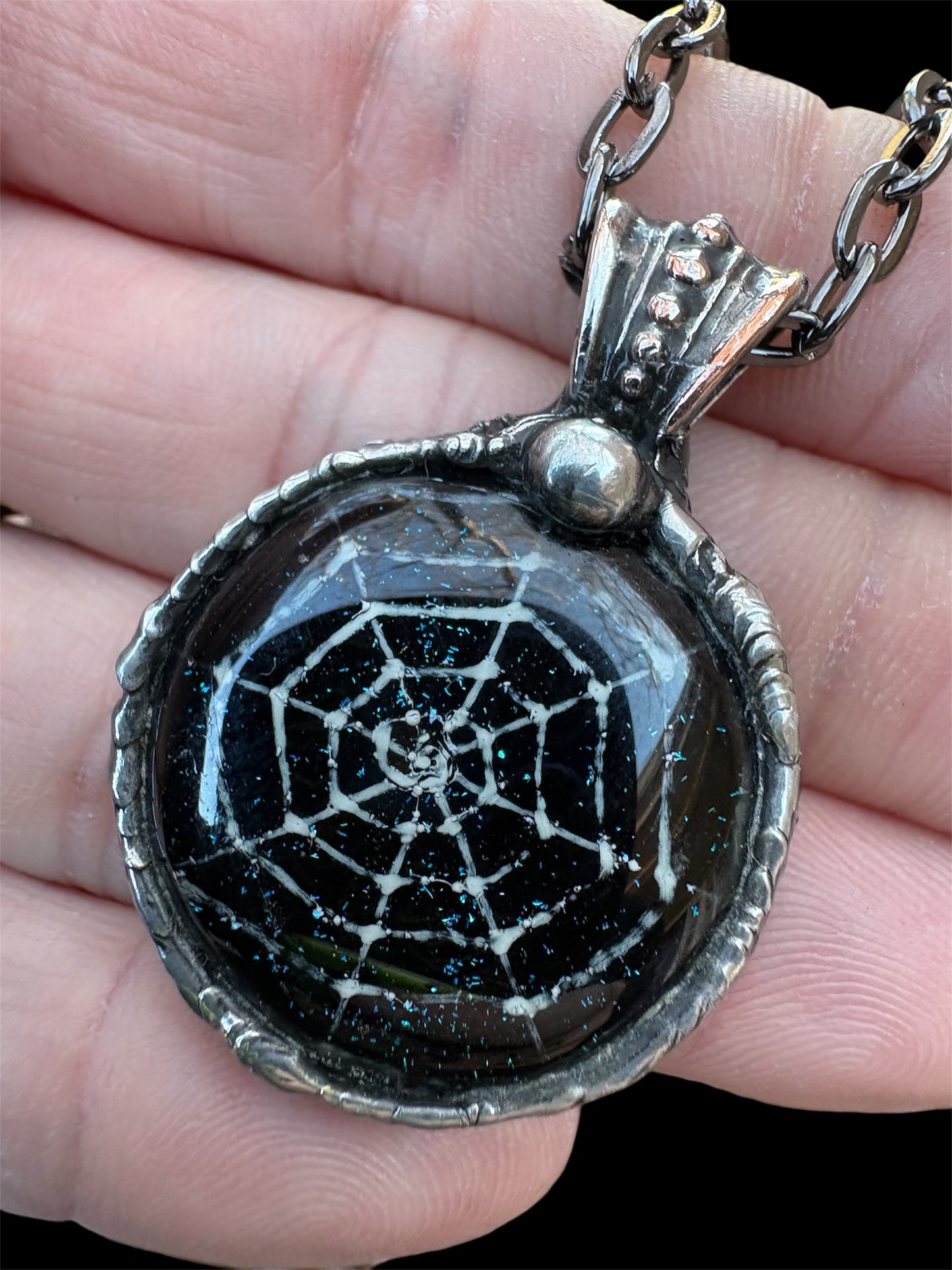 Handcrafted Tiffany technique Dichroic glass fused spiderweb necklace~
