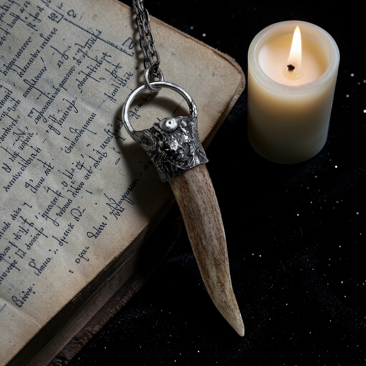Brutalist style ~Hand crafted Tiffany technique naturally shed deer antler Talisman necklace~