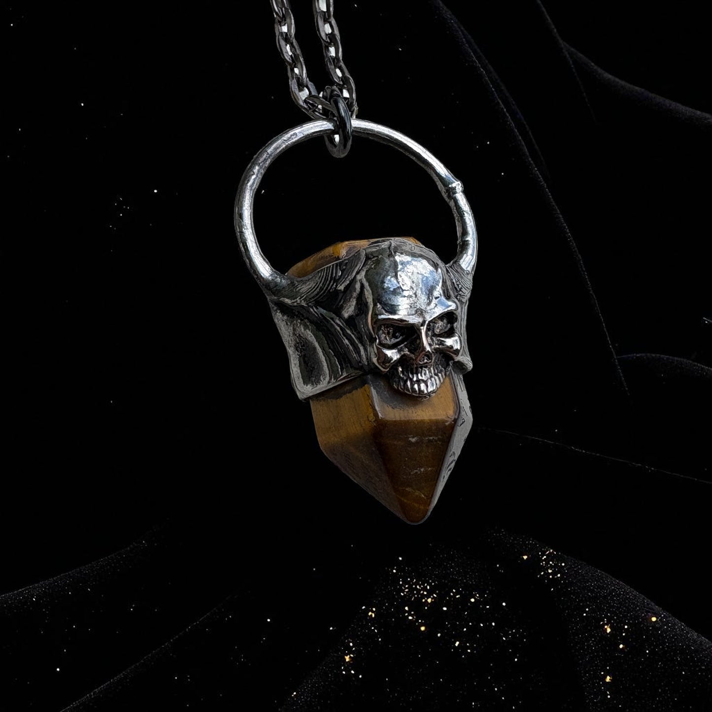 Hand crafted Tiffany technique Tiger’s Eye & human skull necklace ~