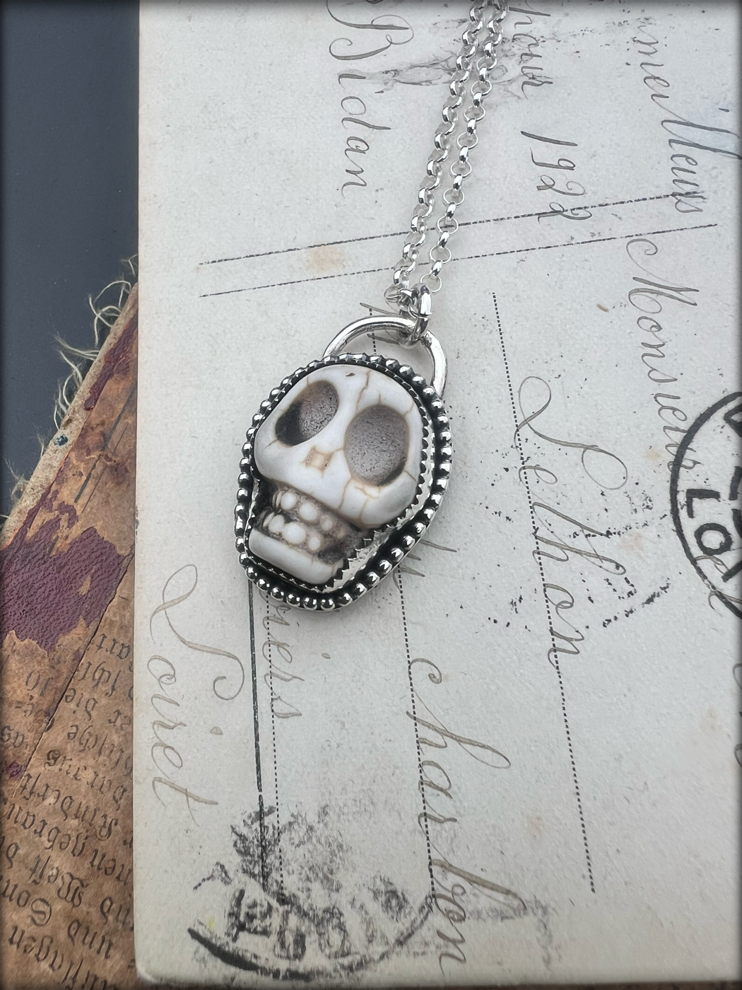 Bone Daddy~ handcrafted sterling silver howlite carved skull layering necklace ~