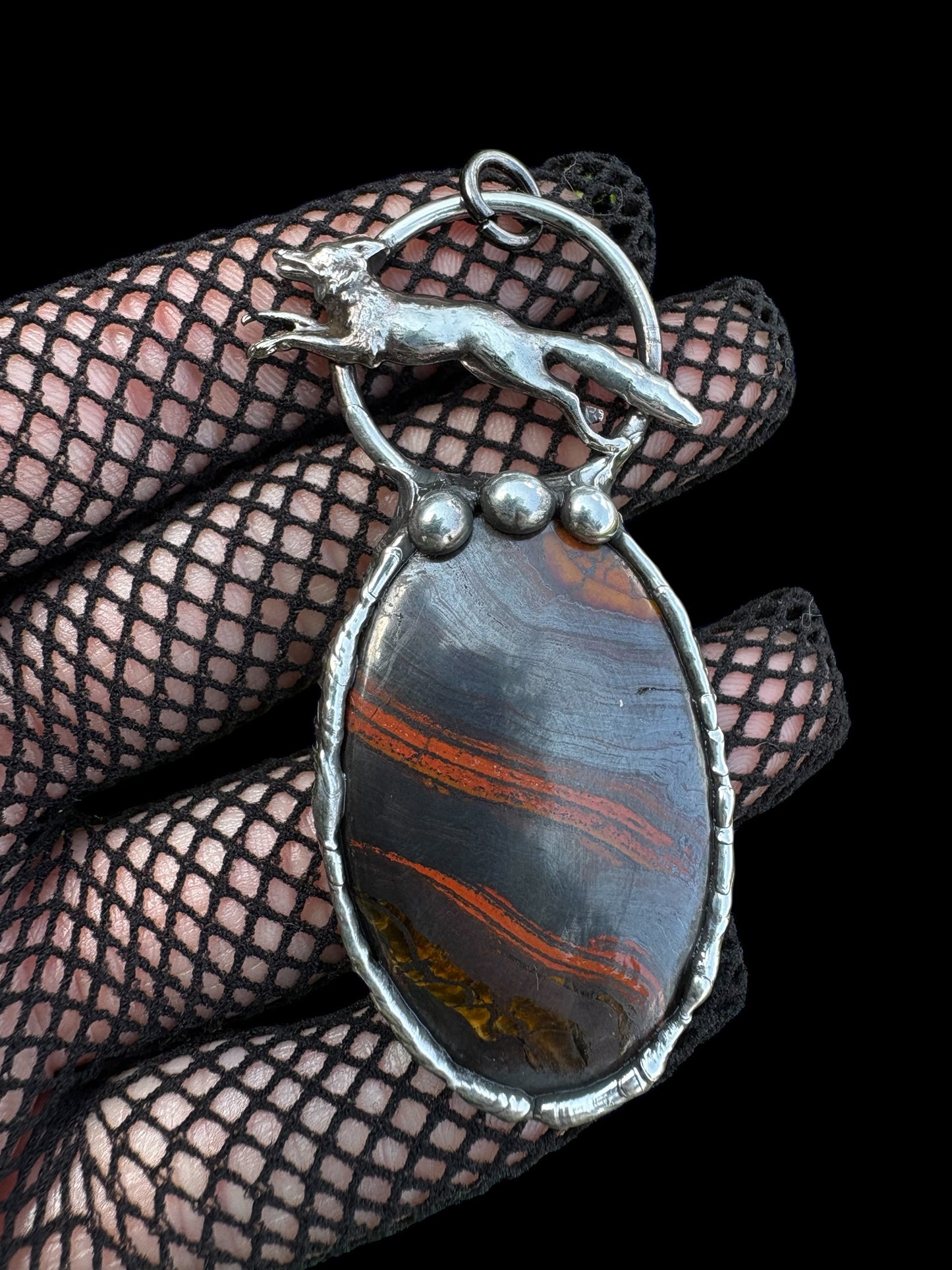 Foxfire– red tiger’s eye Necklace with Leaping Fox | Tiffany Technique