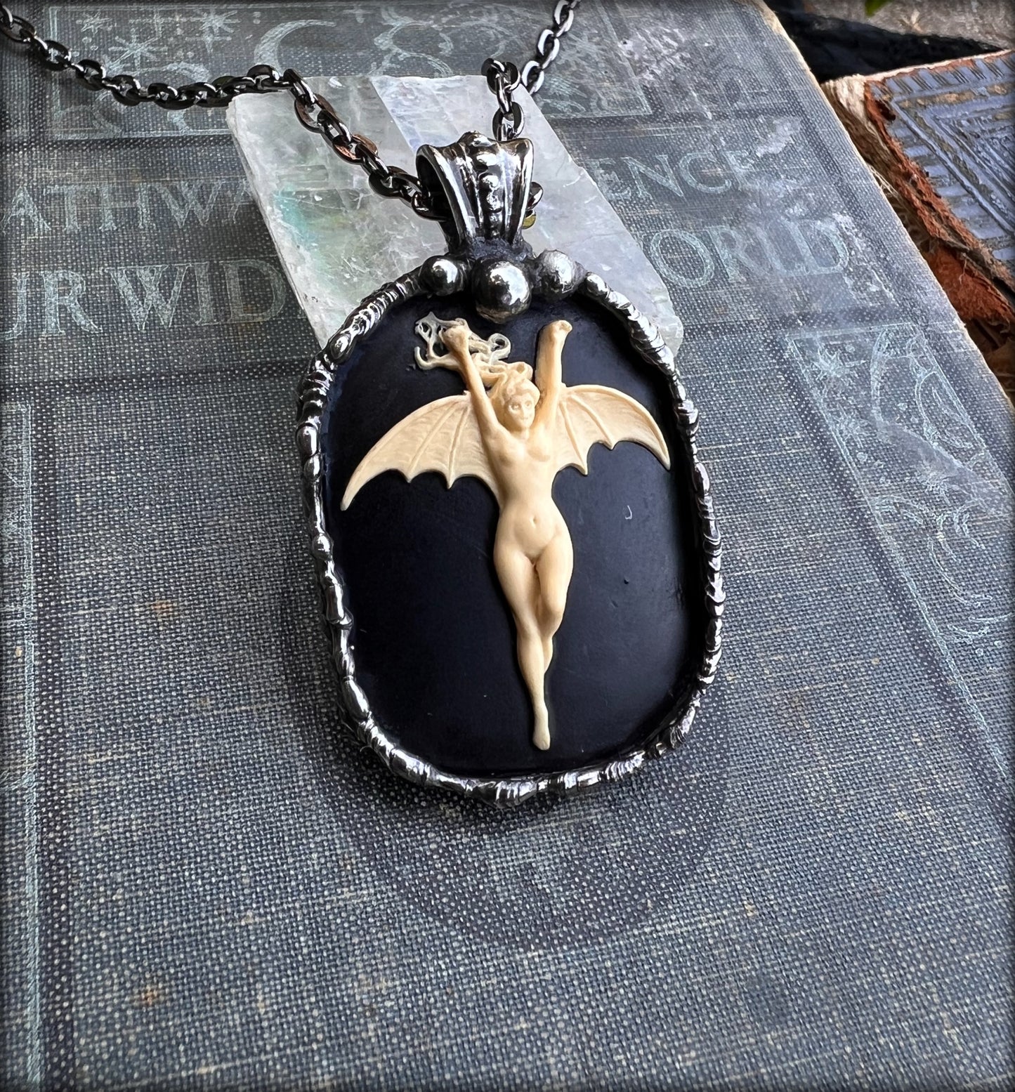 La Femme Chauve-Souris (Noir)~resin bat woman hand crafted made to order Tiffany technique necklace~