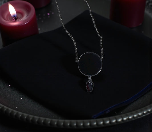 The Obsidian Veil-obsidian scrying mirror with coffin cut garnet Sterling silver necklace-