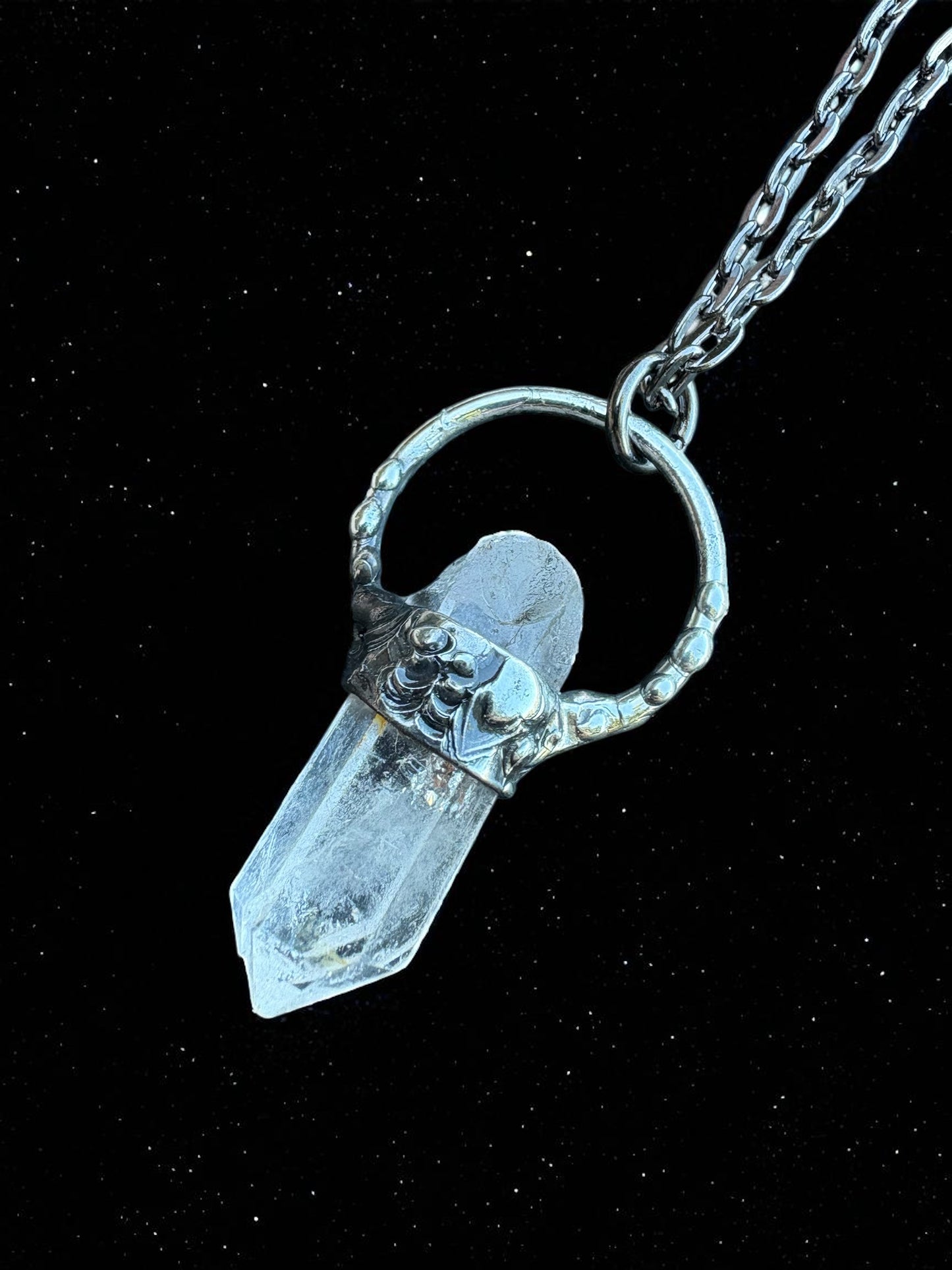 Handcrafted raw clear quartz Tiffany Technique Talisman necklace~