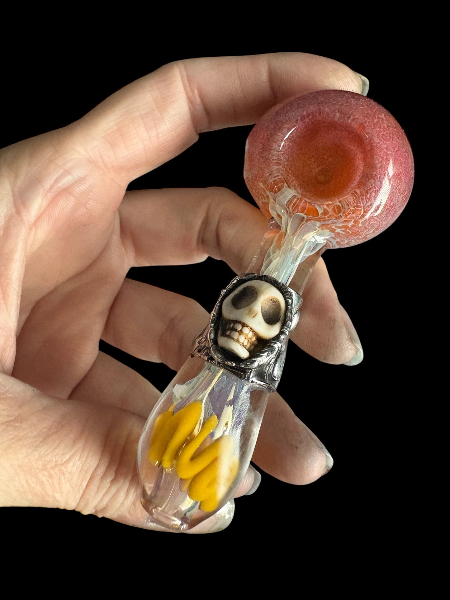 Stoned Alchemy -Ceremonial herb vessel(pipe)molten metal & howlite carved skull-