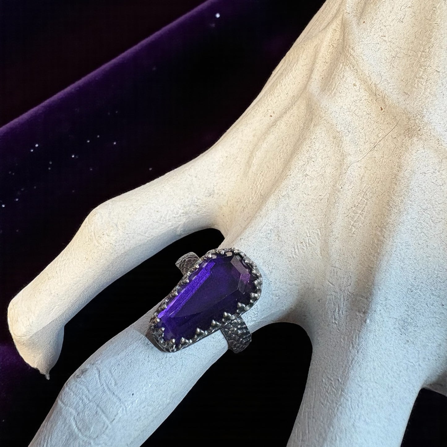 Haunted~Sterling and fine Silver coffin cut amethyst ring size 7-