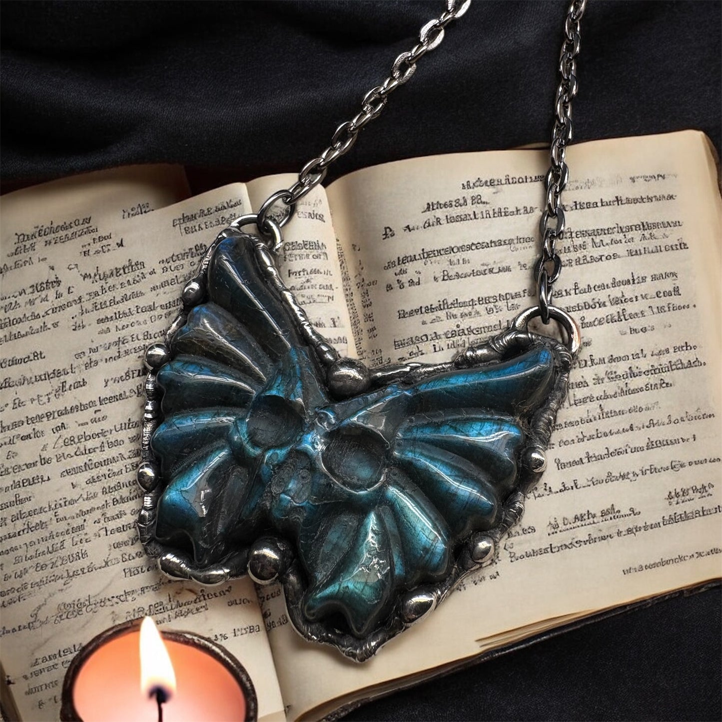 Necromancer ~winged skull carved Labradorite made to order Tiffany technique necklace MTO~