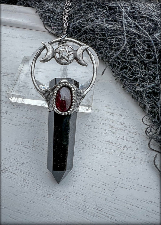 Blood Witch~ Obsidian & garnet triple goddess crystal necklace~