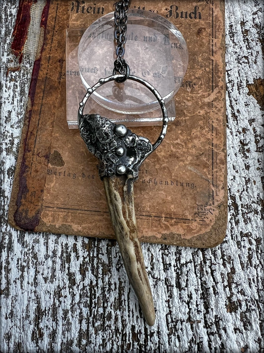 Brutalist style ~Hand crafted Tiffany technique naturally shed deer antler Talisman necklace~