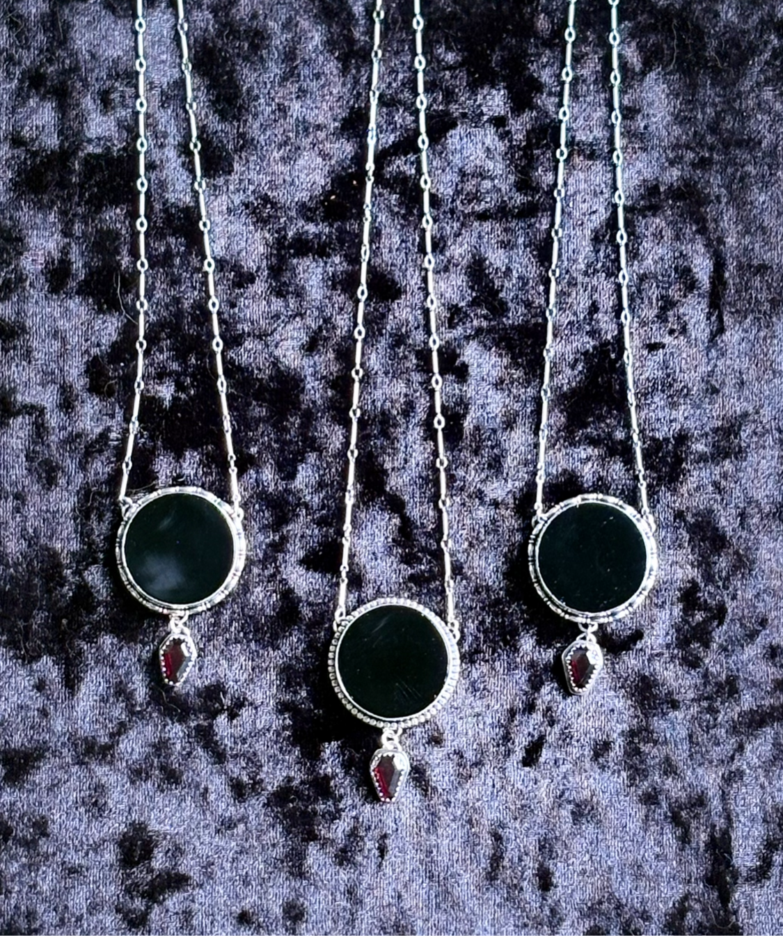 The Obsidian Veil-obsidian scrying mirror with coffin cut garnet Sterling silver necklace-