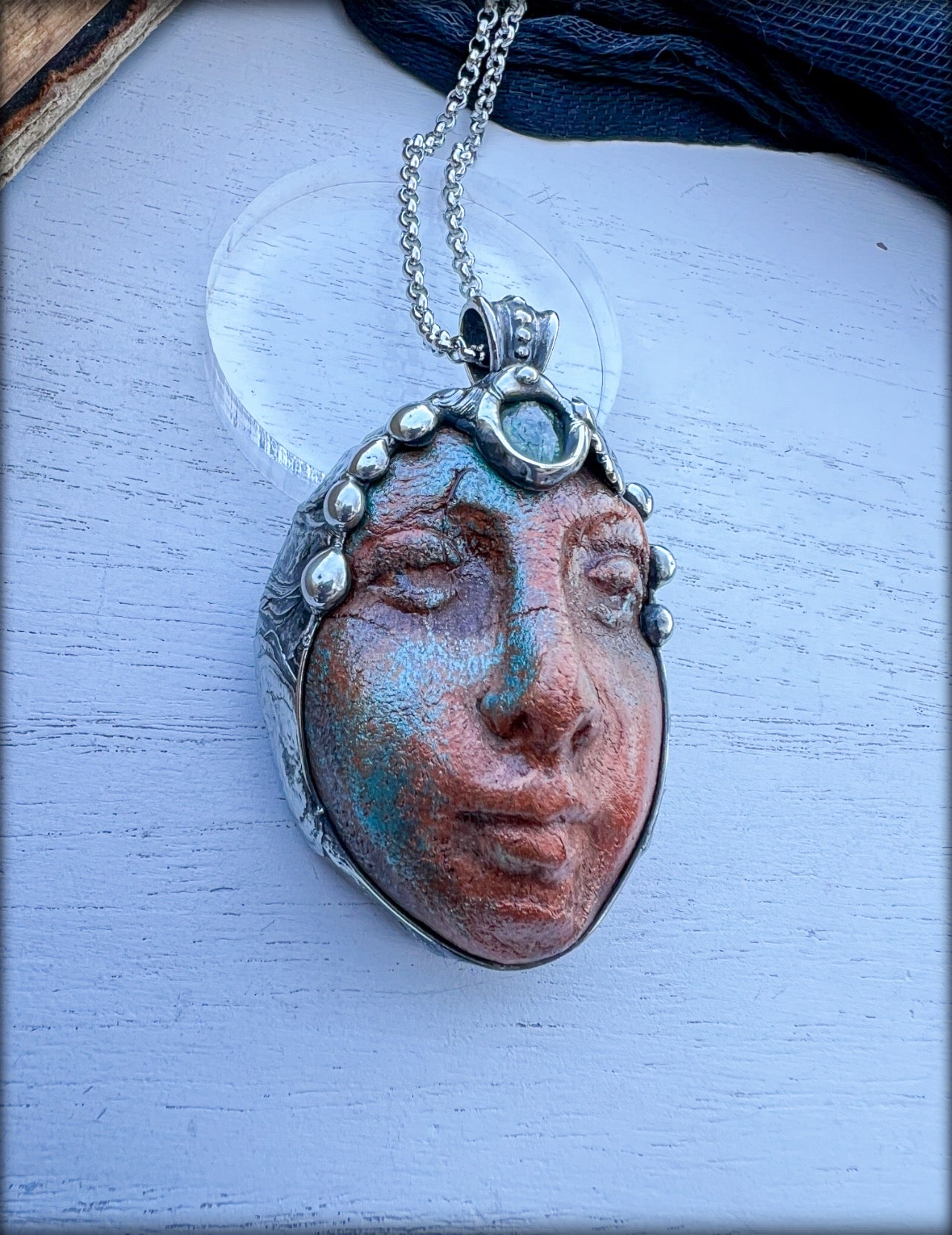 Spring goddess~hand crafted artisan crafted mask with rose cut green kyanite Tiffany technique pendant necklace~