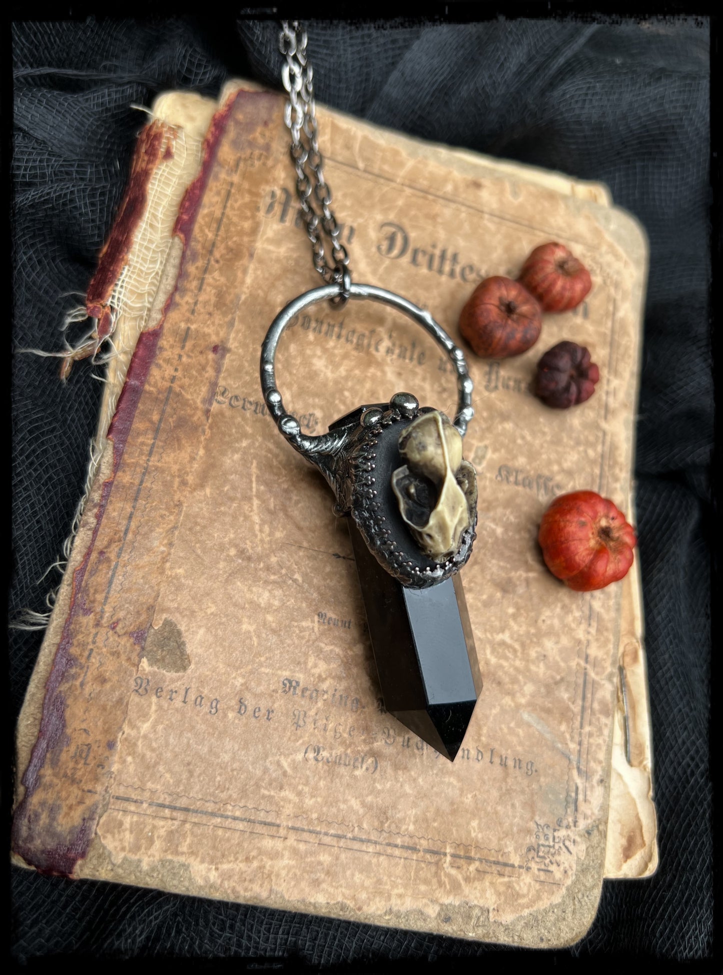 Bella Morte' obsidian bat skull cameo necklace~