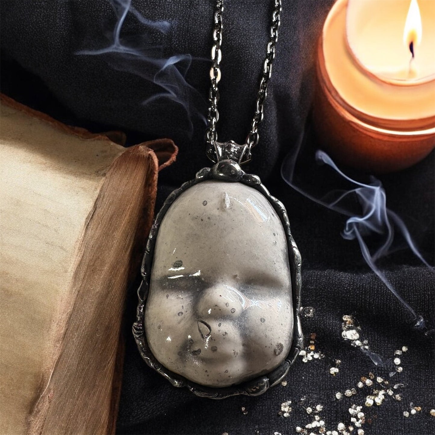 Baby creep~porcelain creepy baby doll face Tiffany technique necklace~