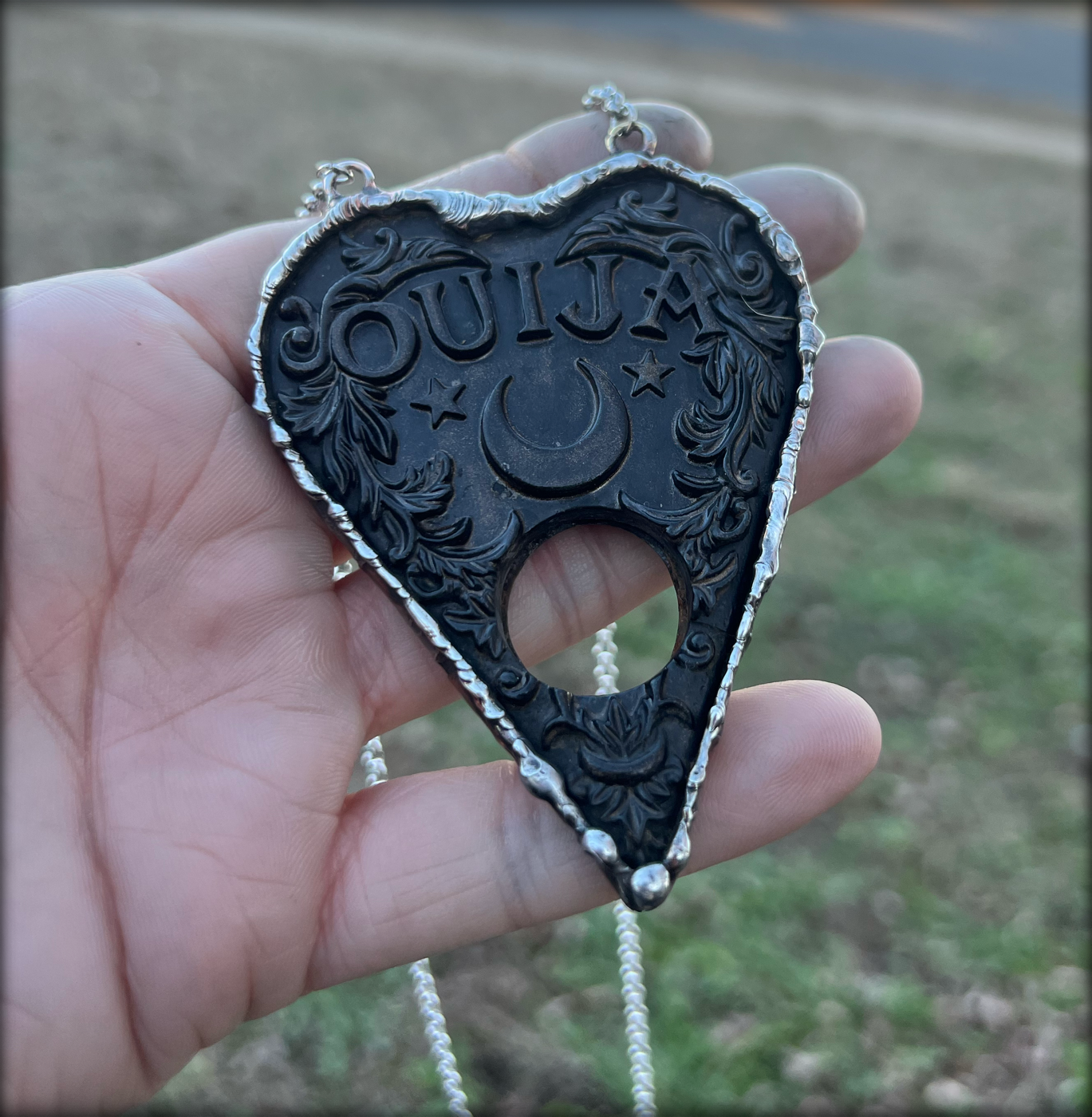 Oracle~Handcrafted resin Ouija board plancette Tiffany technique necklace~