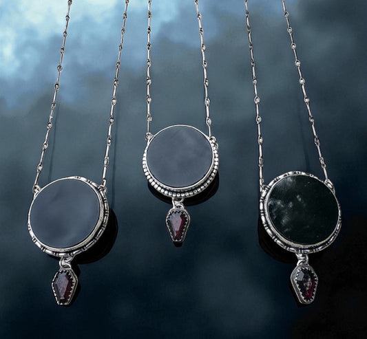 The Obsidian Veil-obsidian scrying mirror with coffin cut garnet Sterling silver necklace-