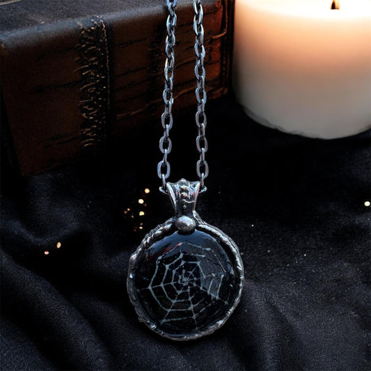 Handcrafted Tiffany technique Dichroic glass fused spiderweb necklace~