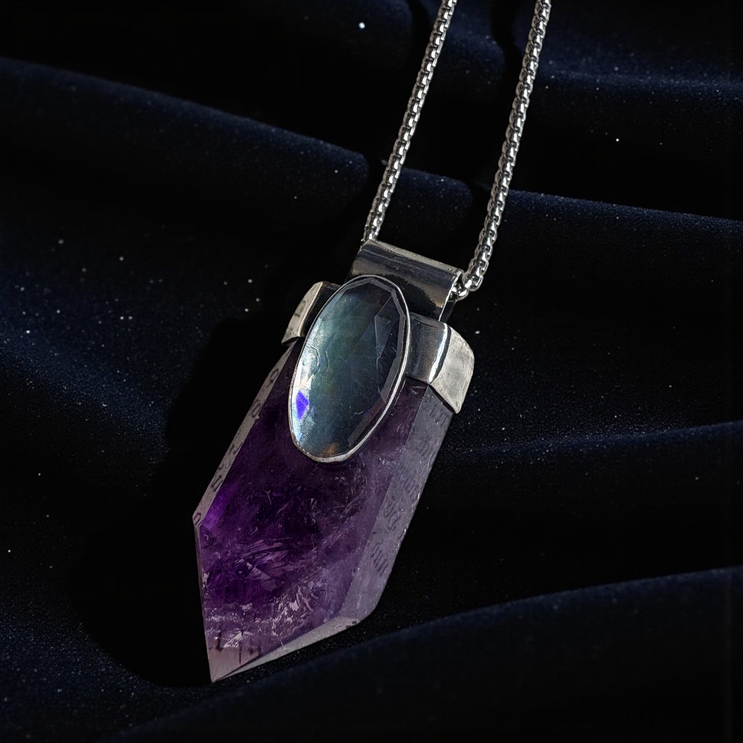 Arcana~Hand crafted sterling & fine silver amethyst faceted rainbow quartz crystal necklace~