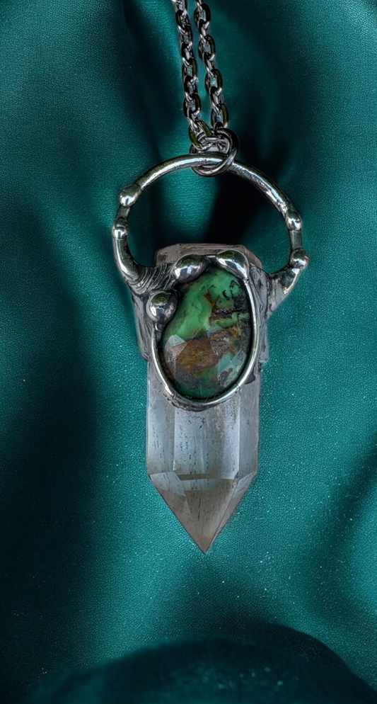 Verdant Vision~ Tiffany Technique Necklace with Clear Quartz & Variscite