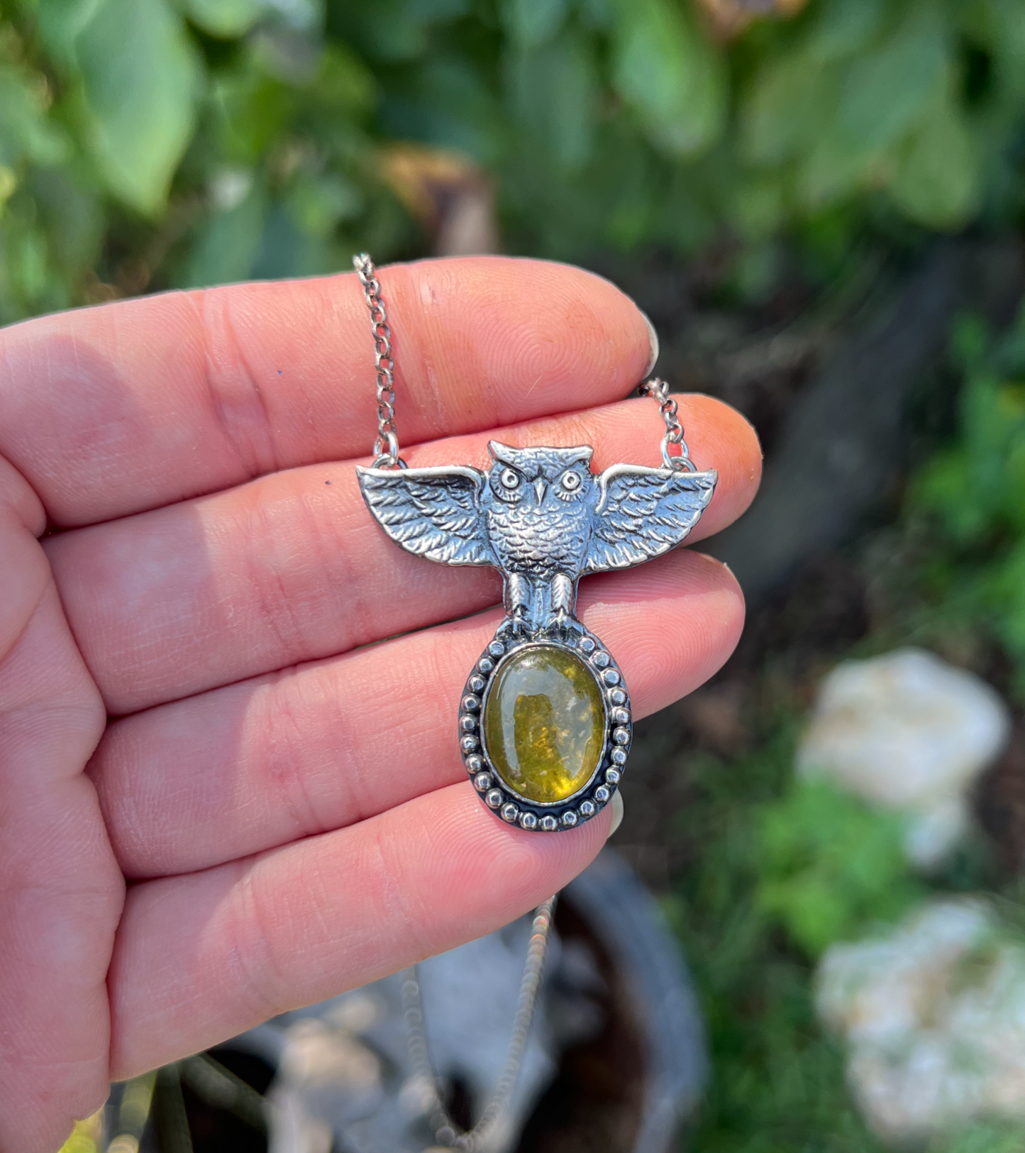 Glaukopis~Hand crafted Sterling owl with Olive vesuvianites statement pendant necklace~