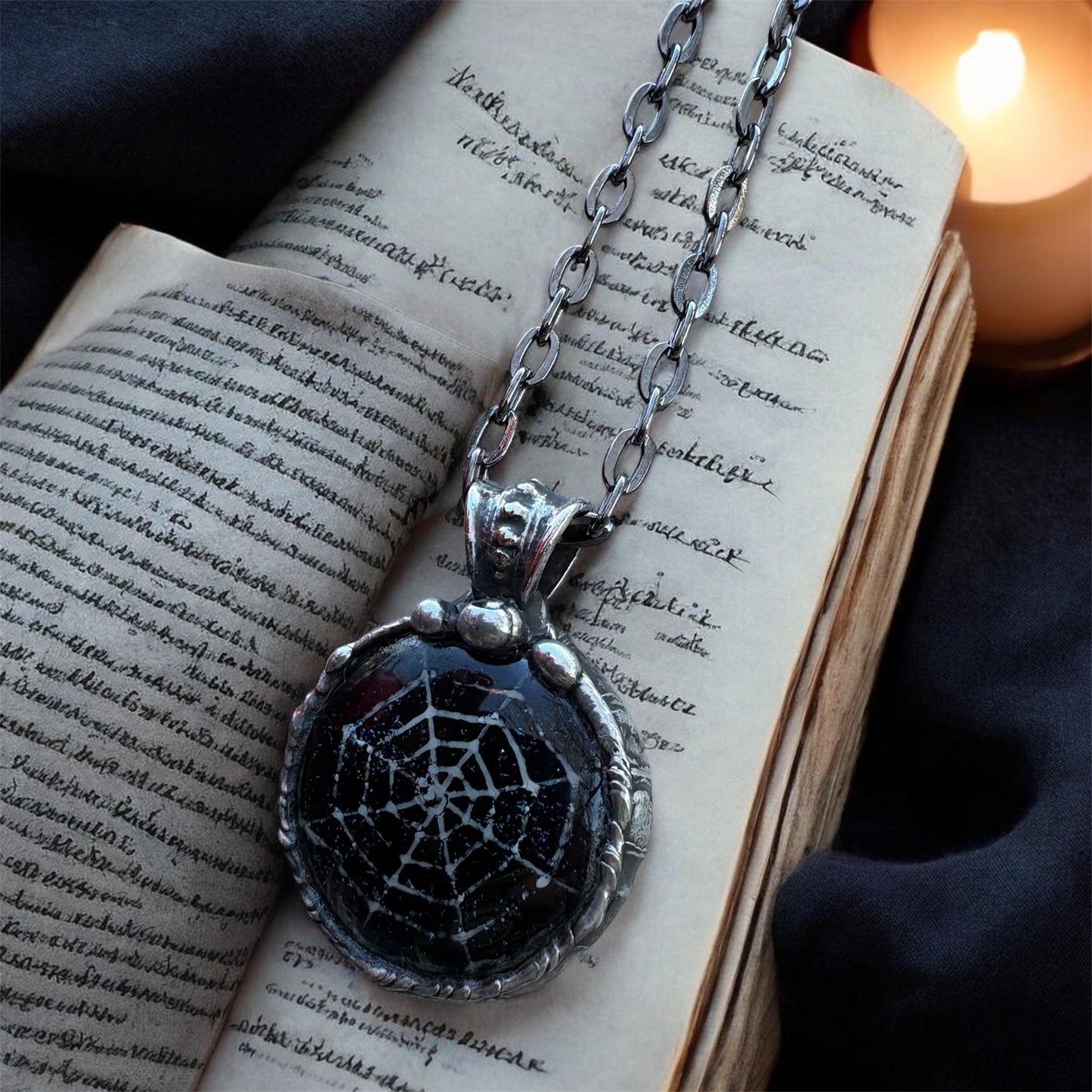 Handcrafted Tiffany technique Dichroic glass fused spiderweb necklace~