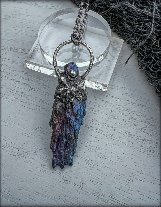 Brutalist style  Hand crafted Tiffany technique Rainbow Titanium aura kyanite fan Talisman necklace~