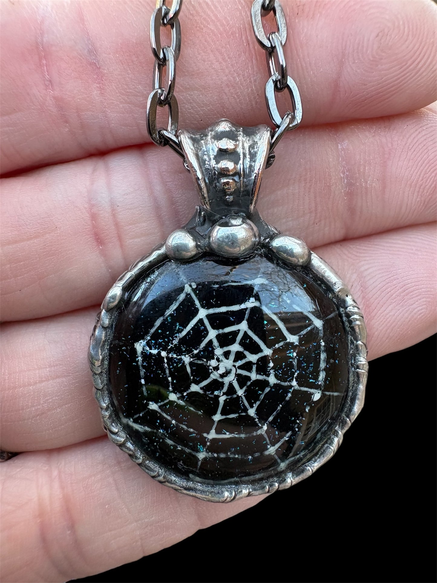 Handcrafted Tiffany technique Dichroic glass fused spiderweb necklace~